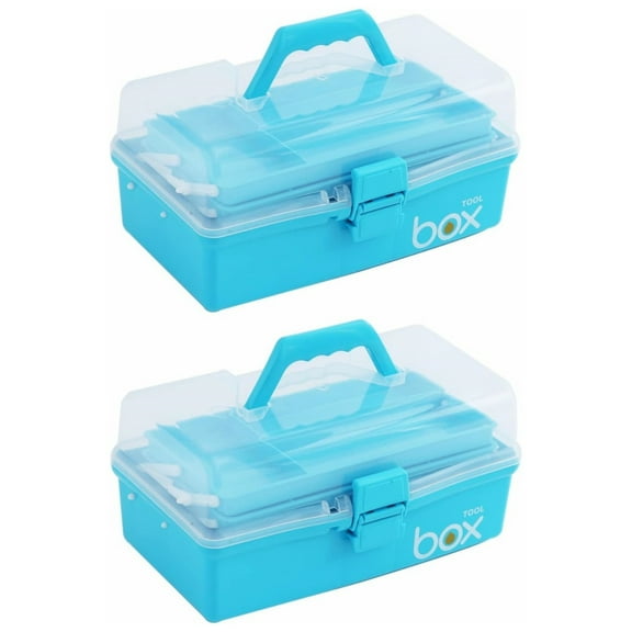Kinsorcai 2PCS 12'' Three-Layer Clear Plastic Storage Box/Tool Box, Multipurpose Organizer and Portable Handled Storage Case for Art Craft and Cosmetic (Blue)