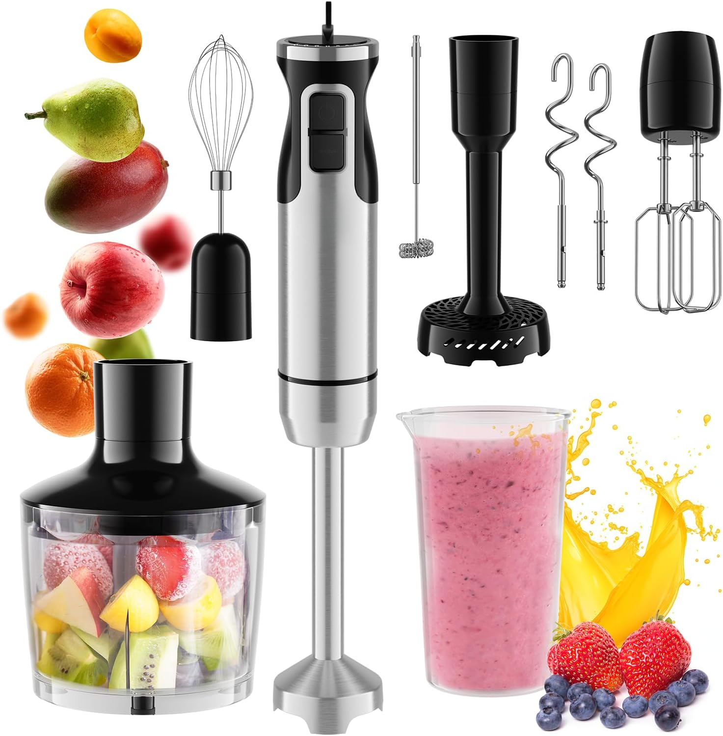 Living Immersion 8-Speed Hand Blender with Full 7-Piece Attachment Set, Includes Stainless Steel Blade, Whisk, Milk Frother, Beater, Mixing Hooks, Potato Masher & Chopper Bowl