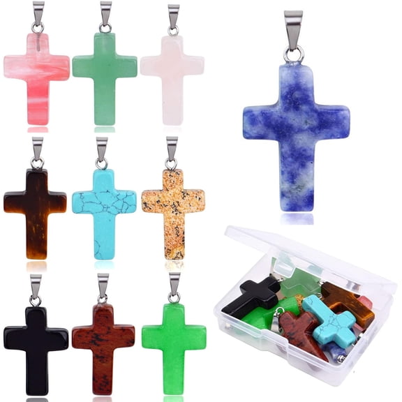 10pcs (10 Colors) Natural Stone Cross Pendant Healing Crystal Quartz Stone Charms Chakra Gemstone Pendants with a Box for DIY Necklace Earring Jewelry Making
