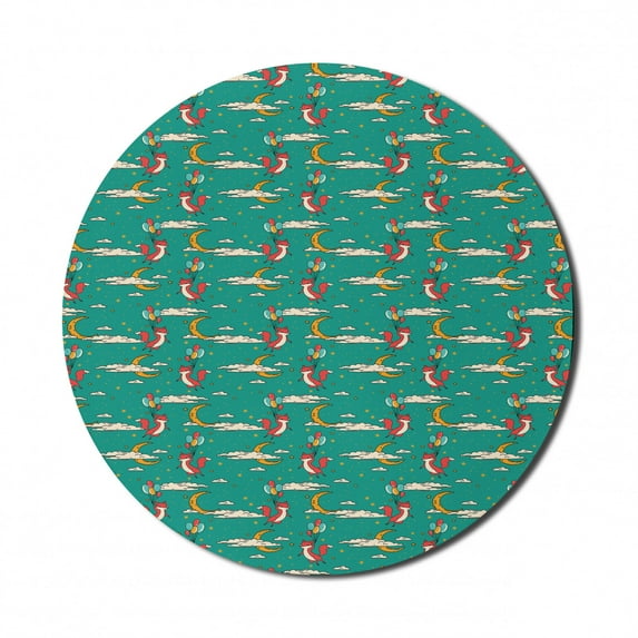 Cartoon Mouse Pad for Computers, Fox Flying with Balloons in Night with Stars Clouds and Crescent, Round Non-Slip Thick Rubber Modern Gaming Mousepad, 8" Round, Multicolor, by Ambesonne