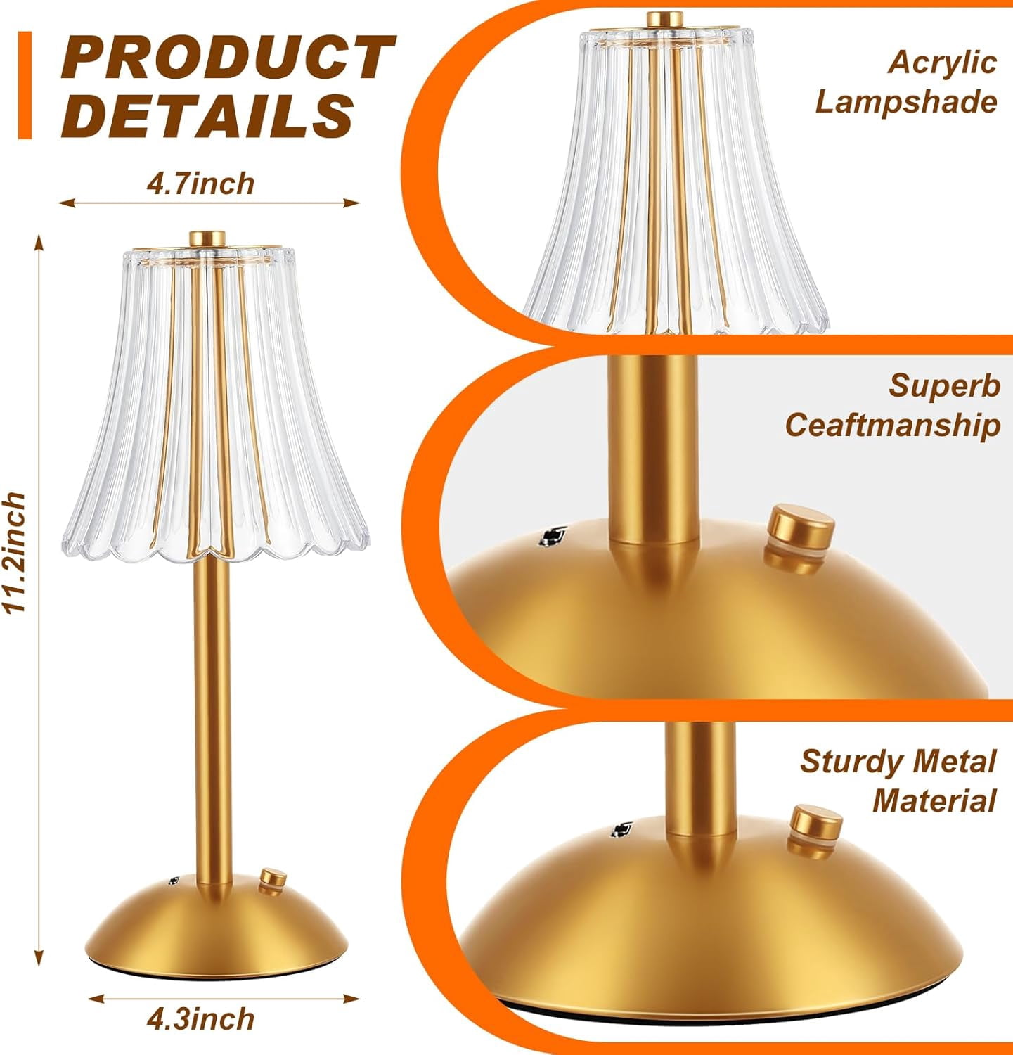 LED Portable Cordless Gold Table Lamp Touch Battery Operated Rechargeable Desk Lamp 3 Color Dimmable for Bedroom Living Room Dining