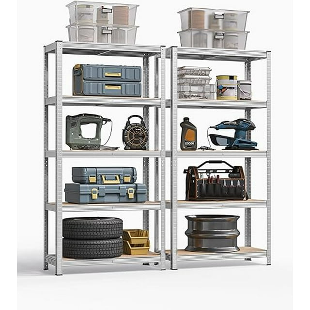 SONGMICS Juego de 2 Estanterías Pesadas de 5 Niveles, Estantería de Acero, Montaje sin Tornillos, Instrumentos, Garaje, Almacén, Trastero, Carga de 875 kg, 40 x 90 x 180 cm, Plata