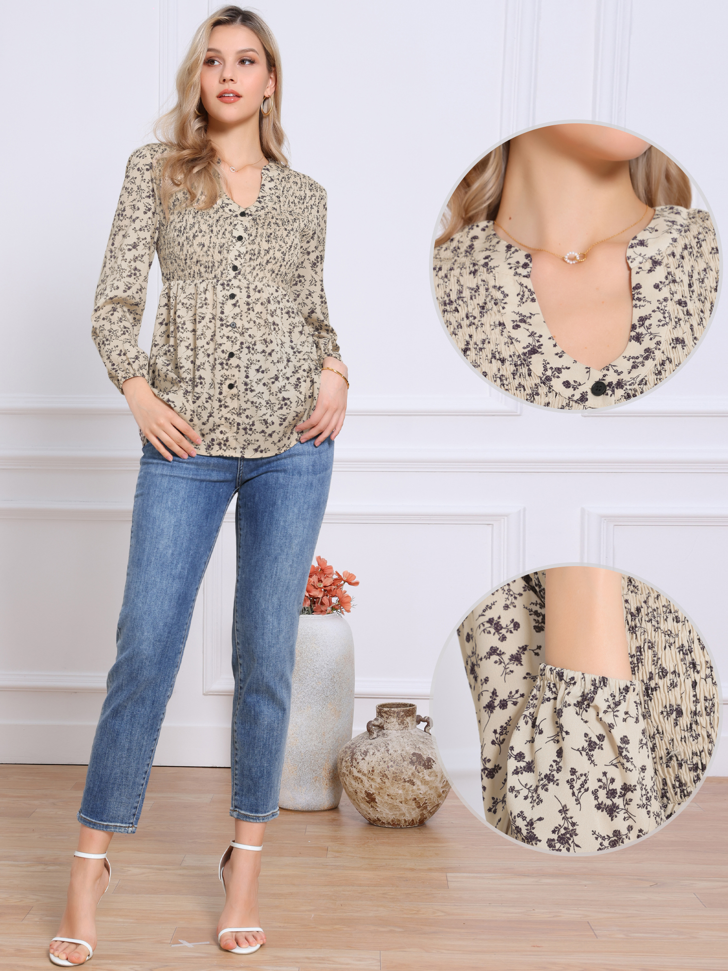 DARING DIVA Women'S V Neck Long Sleeves Casual Smocked Top XL Apricot