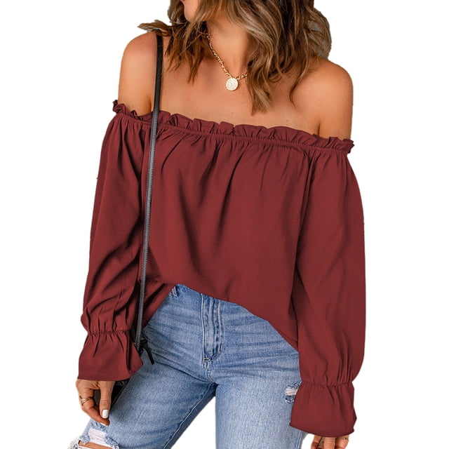 Camisa de blusa con hombros descubiertos,Blusa de gasa con hombros descubiertos Blusa de gasa con hombros descubiertos Camiseta con hombros descubiertos Aspecto llamativo