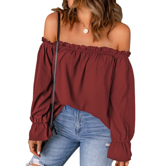Off Shoulder Chiffon Blouse - Plain Color Frill Trim Long Sleeve Top for Women in Burgundy, Size S