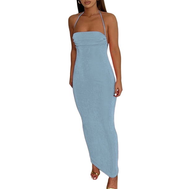 SAYOO Vestido largo de color sólido para mujer, vestido sin mangas con cuello colgante y espalda descubierta, paquete de verano, fiesta de cadera, una pieza SAYOO Moda