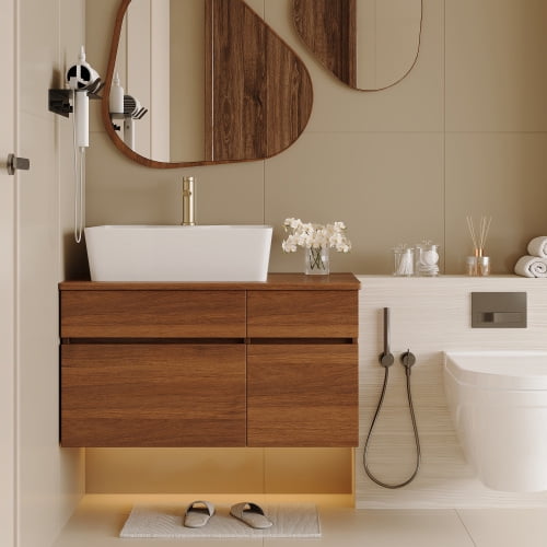 32" Wall Mounted Compact Freestanding Cabinet, Bathroom Storage Unit with Soft Close Drawer, Modern Small Bathroom Vanity with Ceramic Sink for Bathroom, White Walnut