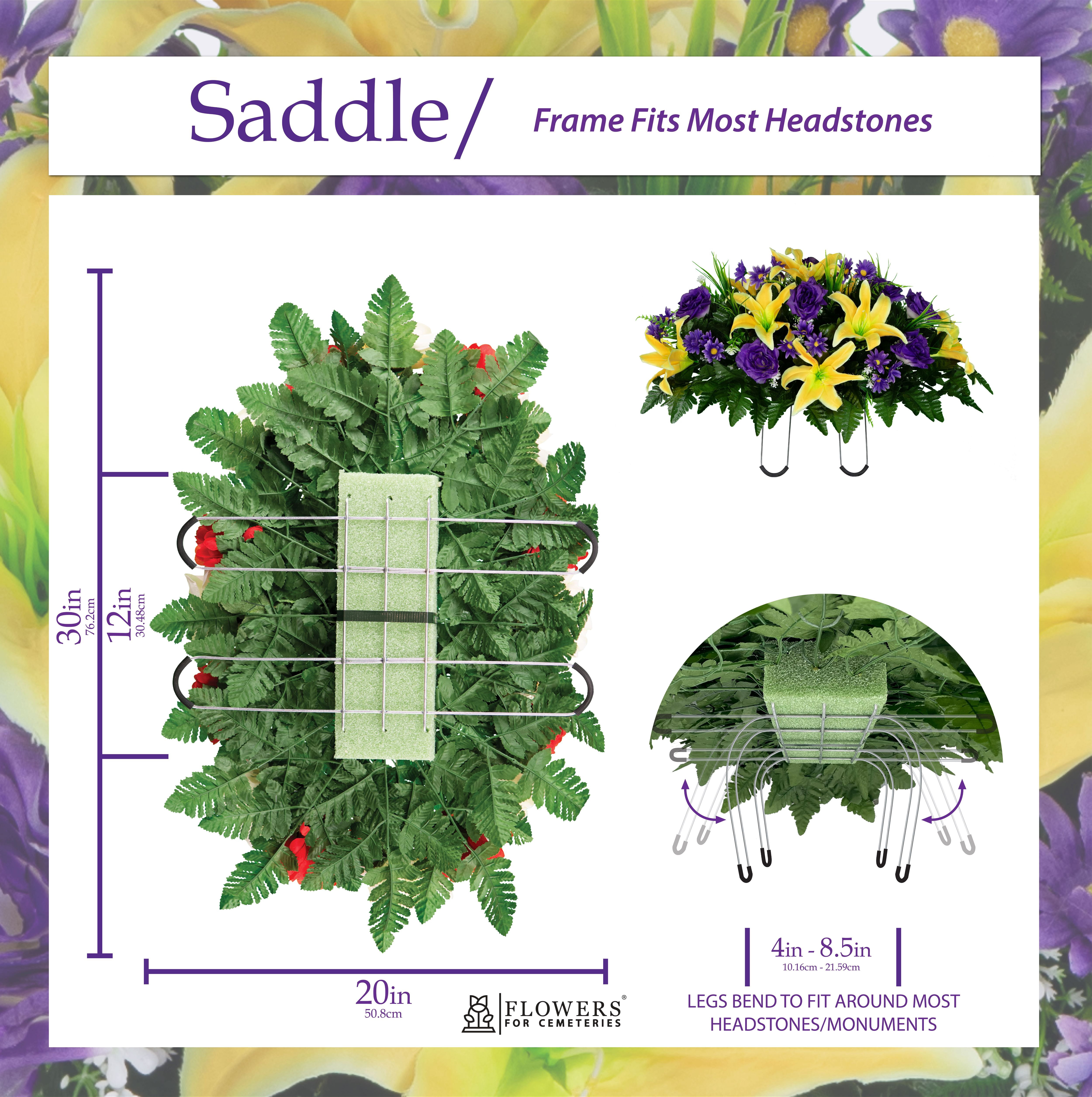 Sympathy Silks Artificial Cemetery Flowers - Yellow Lily with Purple Roses and Daisies - Saddle for Headstone