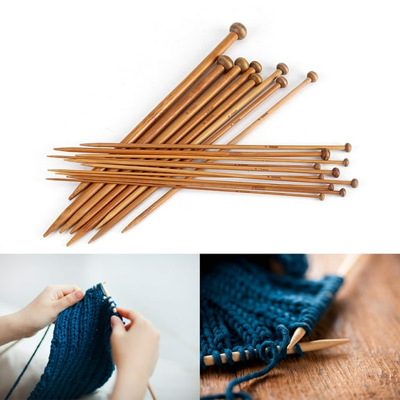 LHCER Bamboo Knitting Needles Set, Single Pointed Carbonized Knitting Needle 18 Sizes (2mm to 10mm), Knitting Needles Set, Bamboo Knitting Needles Set