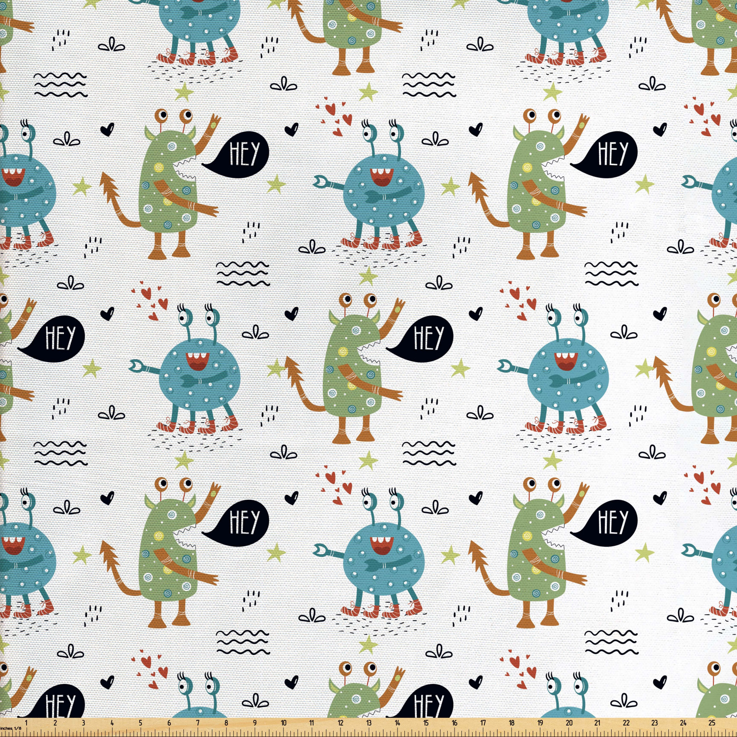 Funny Fabric by The Yard, Funky Monsters and Smiling Creatures Playing with Doodled Heart and