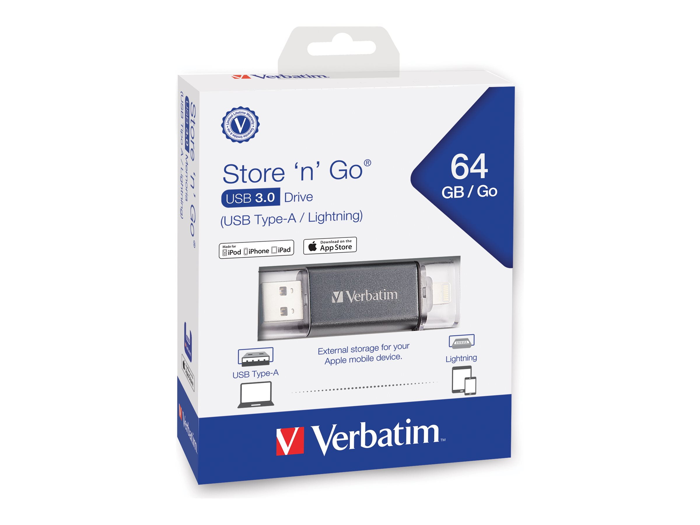 Verbatim 64GB Store ‘n’ Go Dual USB 3.2 Gen 1 Flash Drive for Apple Lightning Devices - Graphite