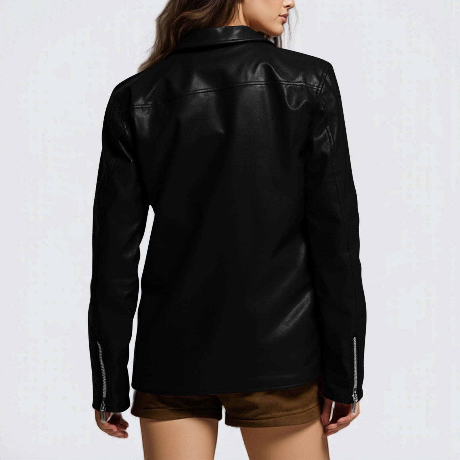Arnsht (S-5XL) Plus Size Women's Faux Leather Jacket Long Sleeve Zipper Coat Vintage Biker Motorcycle Jackets Faux Leather Outwear Black XXXXXL