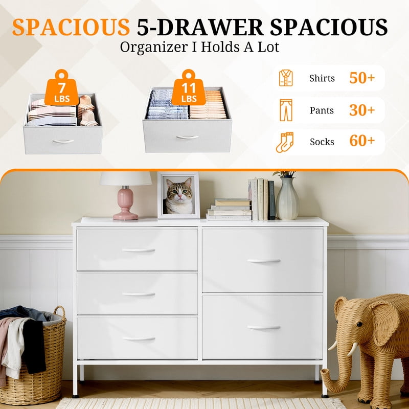 Simenmax 5-Drawer Fabric TV Stand, 39.4-Inch Entertainment Center with Wood Top & Sturdy Metal Frame, Storage Dresser for Bedroom, Living Room, Hallway, White