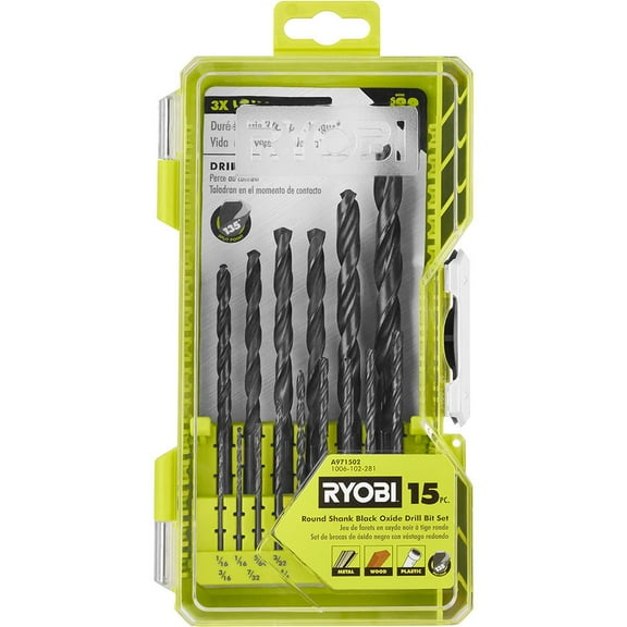 RYOBI Round Shank Black Oxide Drill Bit, Black, 15 Pieces