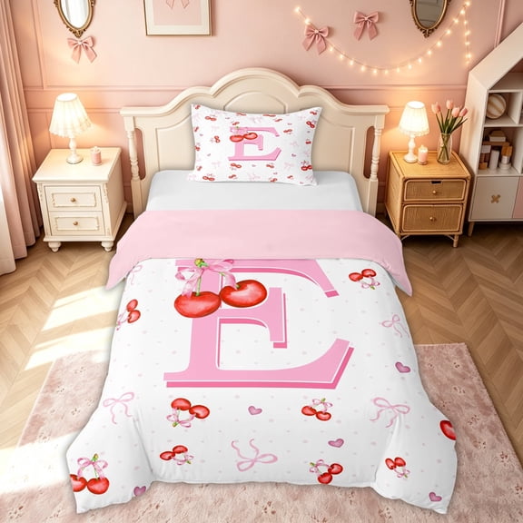 meiyoeat Cute Cherry Letter E Twin Duvet Cover for Girls, Bowknot Fruit Twin Bedding for Kids, Pink, Pink Reversible 2pcs, 1 Duvet Cover and 1 Pillowcase (No Comforter)