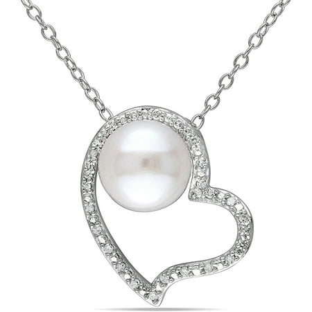 Miabella 8-8.5mm White Button Cultured Freshwater Pearl and Diamond-Accent Sterling Silver Heart Pendant, 18