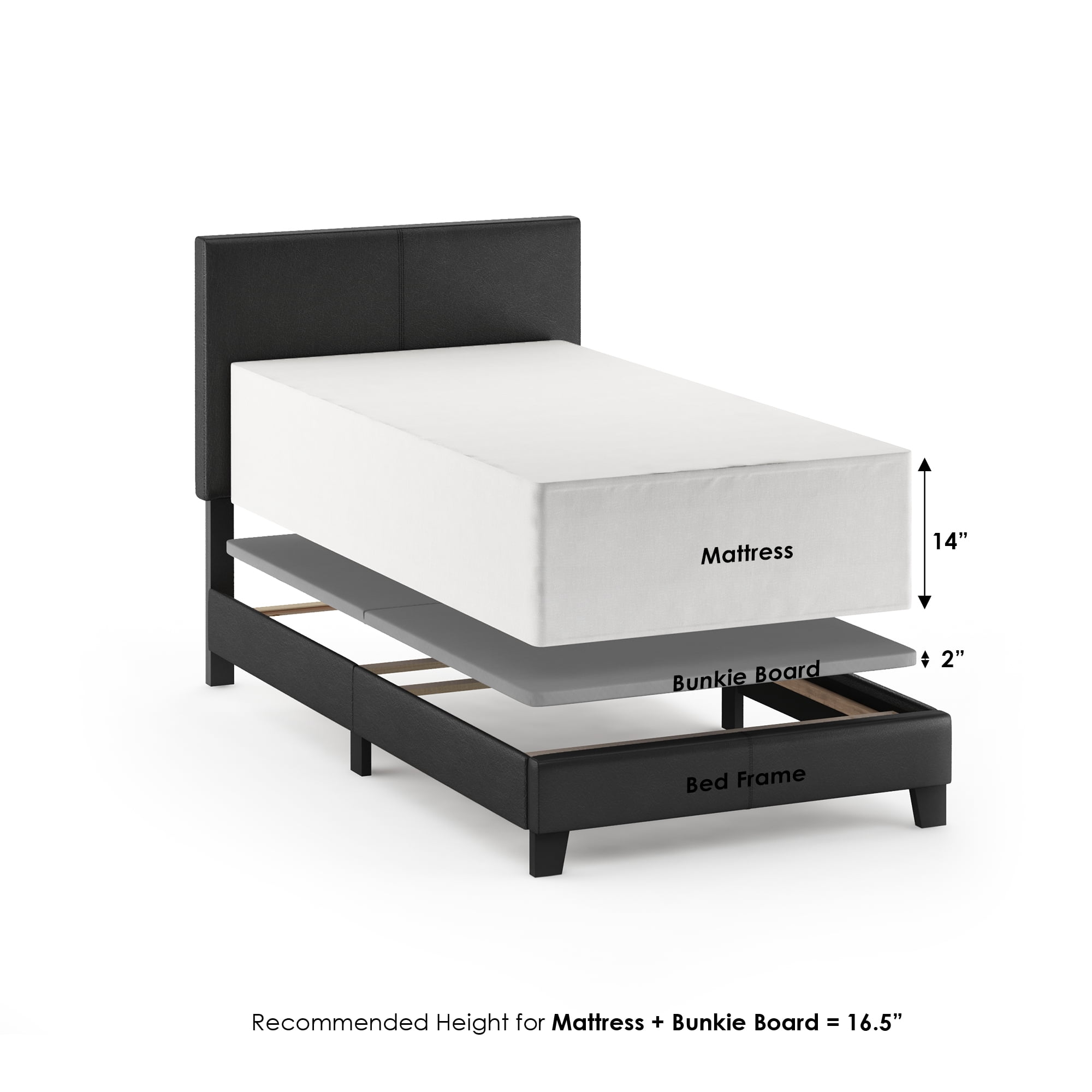 Furinno PESSAC Twin Upholstered Bed Frame with PU Leather Headboard and Wooden Slat Support, Plain Black
