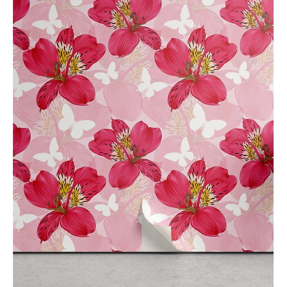 Ambesonne Garden Peel & Stick Wallpaper for Home, Alstroemeria Butterfly Art, 13"x36", Dark Coral and Soft Pink