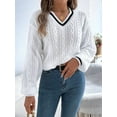 thumbnail image 2 of Women'S Casual V Neck Long Sleeve Sweater Trendy Striped Pullover Cable Knit Preppy Sweaters White M, 2 of 8