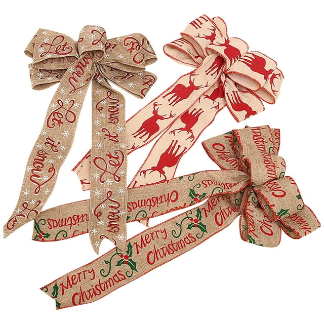 3PCS Christmas Bows Hanging Printed Ribbon Bow Holiday Bow Xmas Tree Decoration
