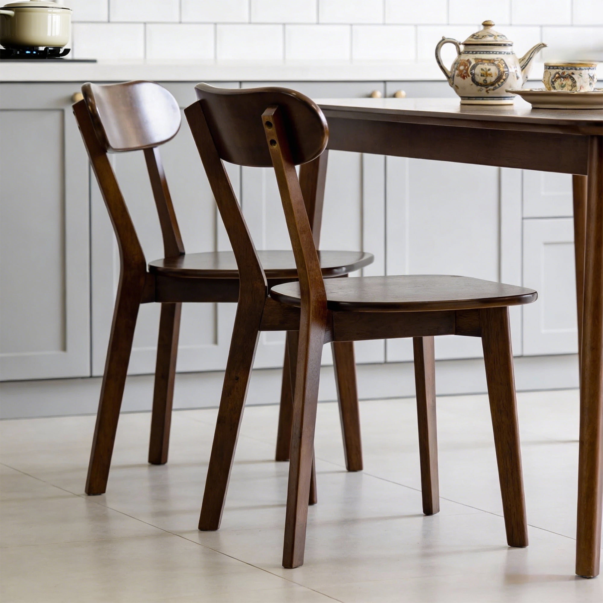 Leumius Dining Chairs Set of 2, Mid Century Modern Solid Wood Dining Chairs with Curved Backrest, Kitchen Chair with Adjustable Foot Pads for Dining Room Kitchen Living Room Study, Walnut