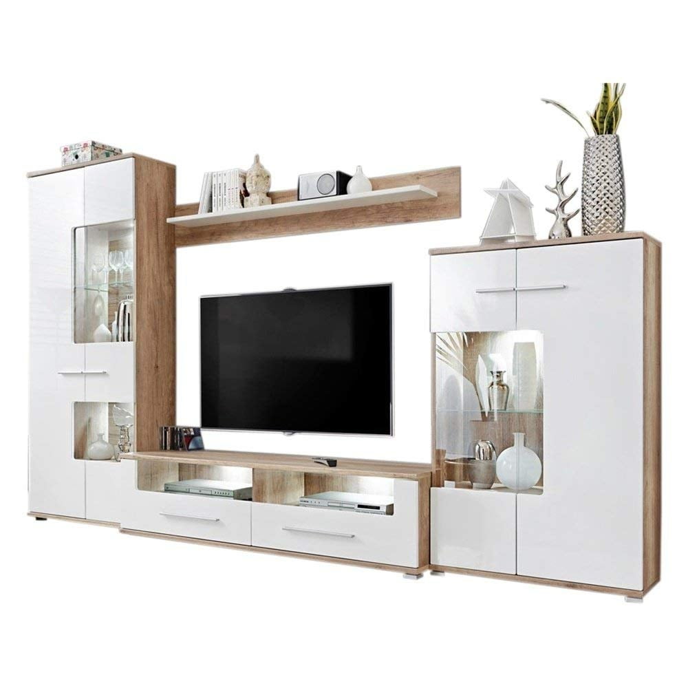 Meble Furniture Rugs Caverly Modern Entertainment Center Tv Stand Wall Unit With Led Lights Oak And High Gloss White Walmart Com Walmart Com