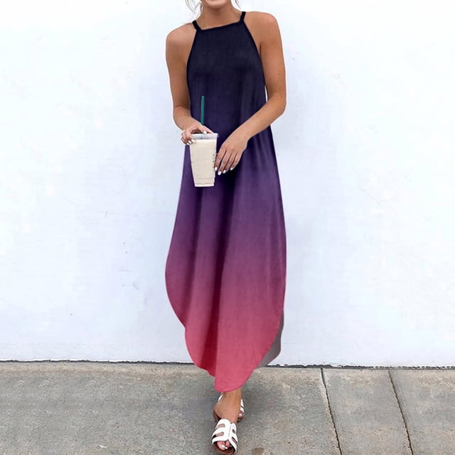 HKEJIAOI Robes de Sortie pour Femmes Offres Liquidation Cadeau de la Saint-Valentin Mode Été Décontracté Imprimé Camisole Sans Manches Col Carré Robe Longue Violette