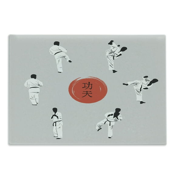 Kung Fu Cutting Board, Men in Karate Clothes Showing Moves with Hieroglyph Center, Decorative Tempered Glass Cutting and Serving Board, in 3 Sizes, by Ambesonne