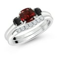 thumbnail image 2 of Gem Stone King 10K White Gold Red Garnet Black Onyx and Lab Grown Diamond 3 Stone Bridal Engagement Wedding Ring Set for Women (1.14 Cttw, 5MM and 3MM Cushion Cut, Size 6), 2 of 6