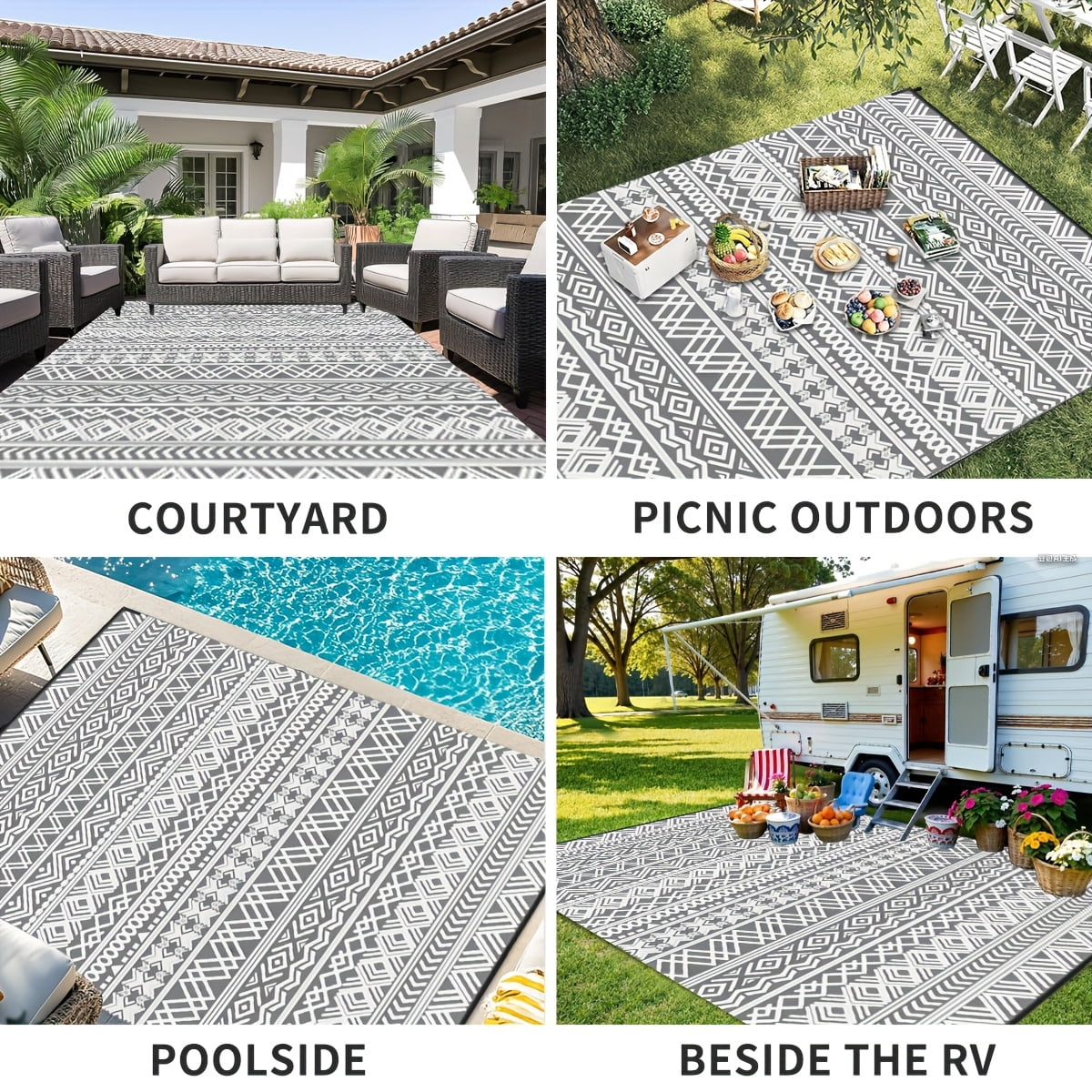 Kzaei Waterproof Outdoor Rug, 9'x12' Reversible Plastic Camping Area Rugs, Gray & White
