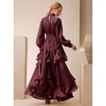 thumbnail image 4 of Burgundy Long Sleeve Pleated Ruched Waist Maxi Dress With Ruffle Hem, 4 of 4