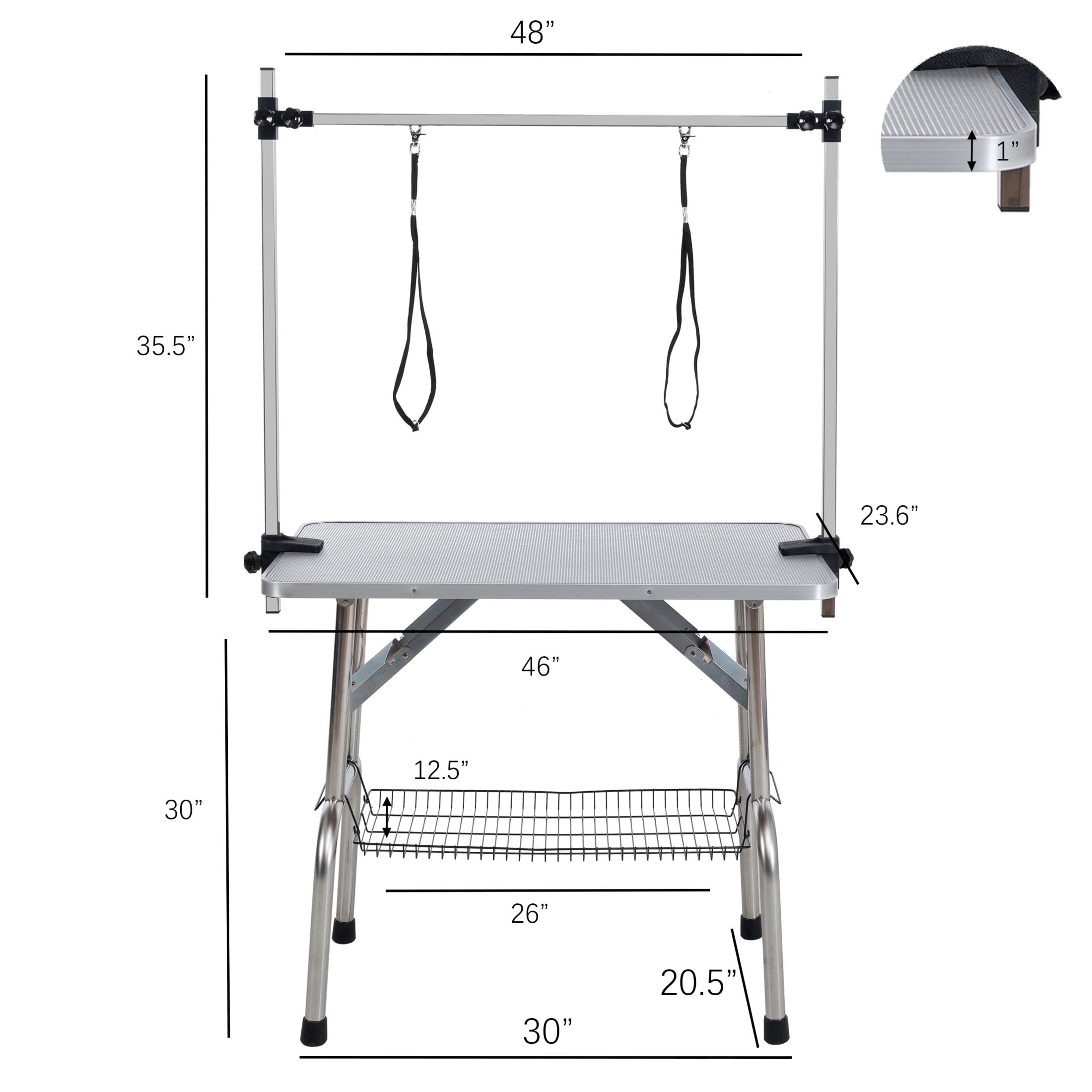 Noble House 46" Folding Dog Pet Grooming Table with Adjustable Arm, Stainless Steel Frame, Non-Slip Rubber Top, Grey