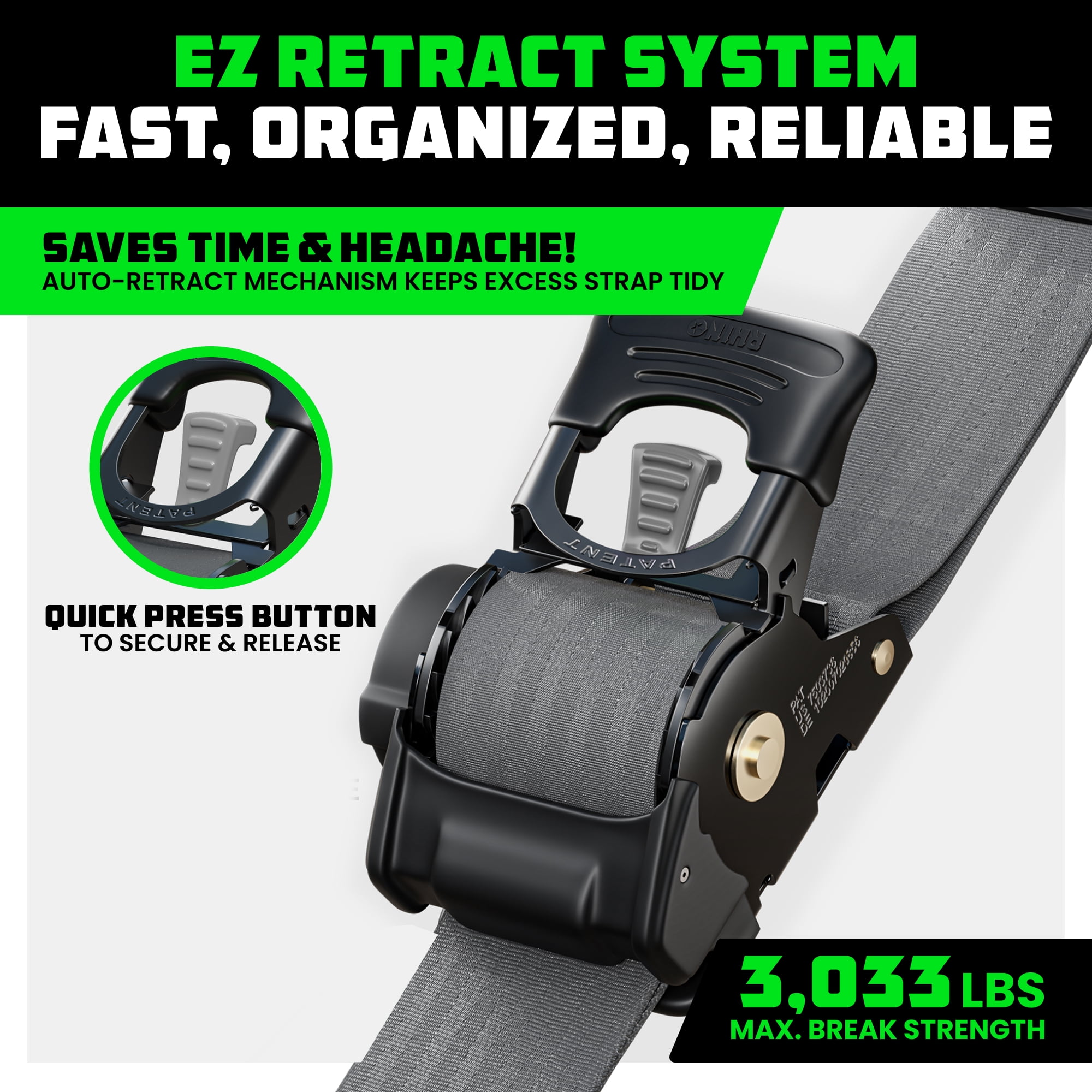 Rhino USA Heavy Duty 2" x 10' Retractable Ratchet Straps 3,033lb Break Strength (Gray 4-Pack)
