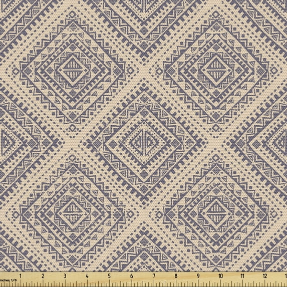 Ethnic Sofa Upholstery Fabric by the Yard, Oriental Squares with Various Geometric Motifs Ornamental Details, Decorative Fabric for DIY and Home Accents, Pale Peach Dark Indigo by Ambesonne