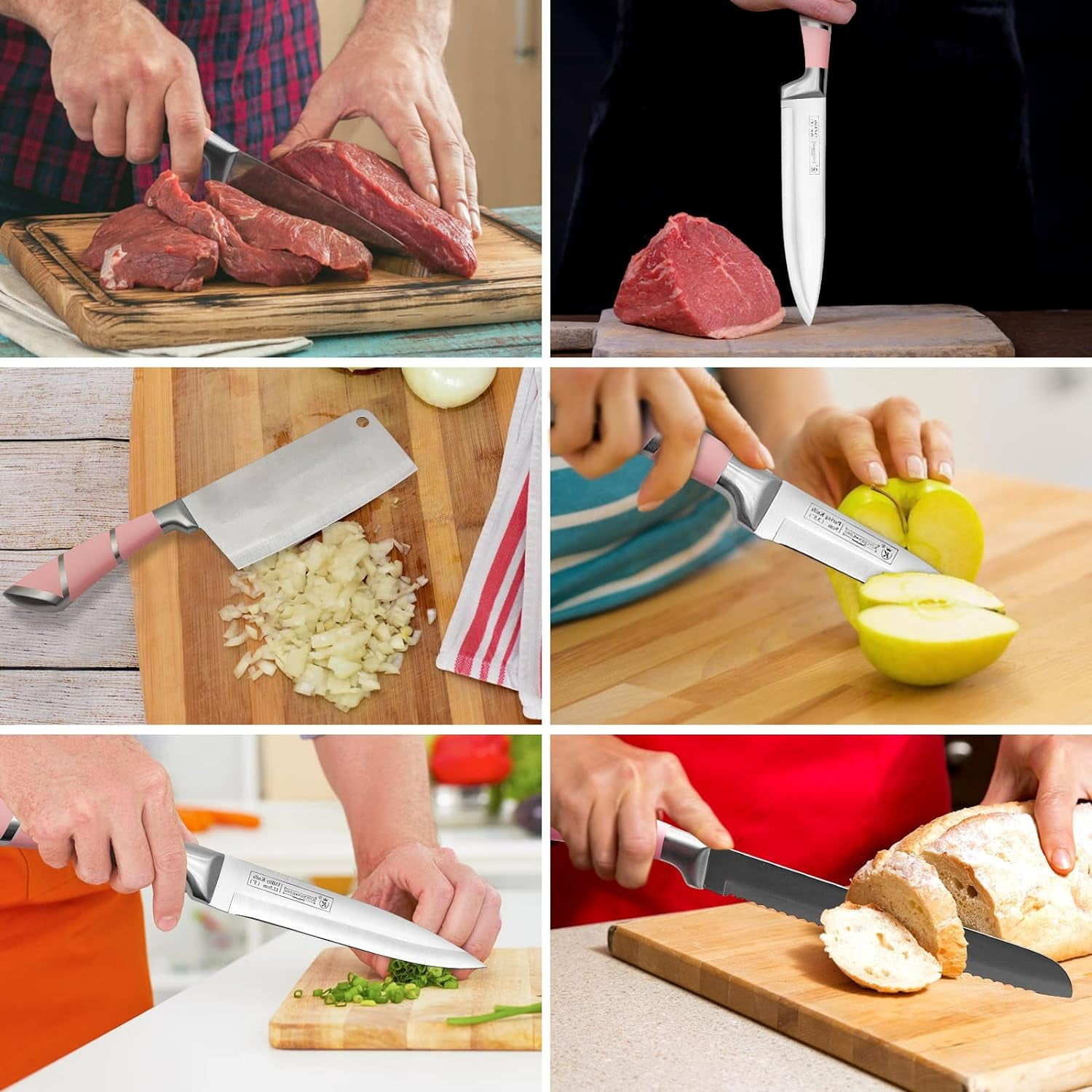 Kitchen Knife Set, 9-Pieces Pink Sharp Non-Stick Coated Chef Knives Block Set, Stainless Steel Knife Set for Kitchen with Sharpener for Cutting Slicing Dicing Chopping