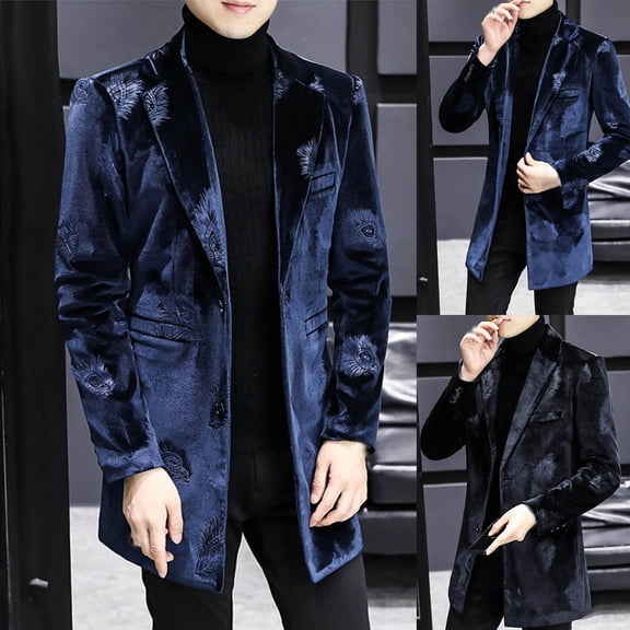 RYDCOT Mens Velvet Tuxedo Floral Blazer Jacket Two Button Cotton Sport Coat Solid Thicken Warm Suit Dress Jackets for Dinner Prom Party Wedding Blue