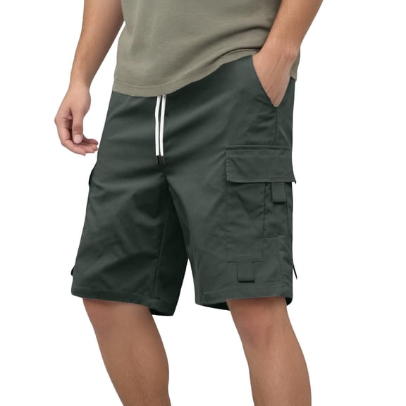 XIAONU Men's Dark Green Cargo Shorts Elastic Waist Drawstring Pant Multi-Pocket Casual Outdoor Wear Shorts