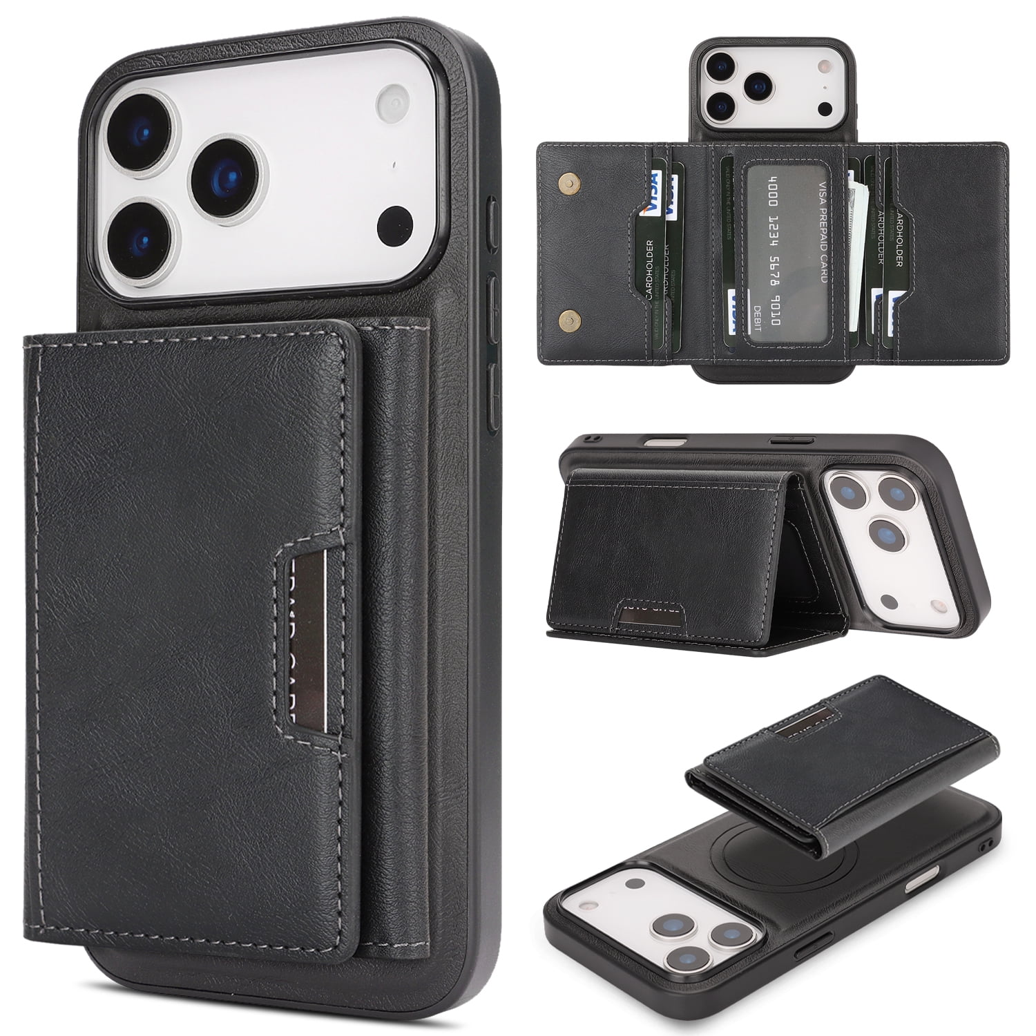 Classic Detachable Magnetic Card Holder Wallet Case for iPhone 18 Pro Compatible with MagSafe Accessories Drop Protective Phone Cover for Women Men Support Magnetic Car Mount Black