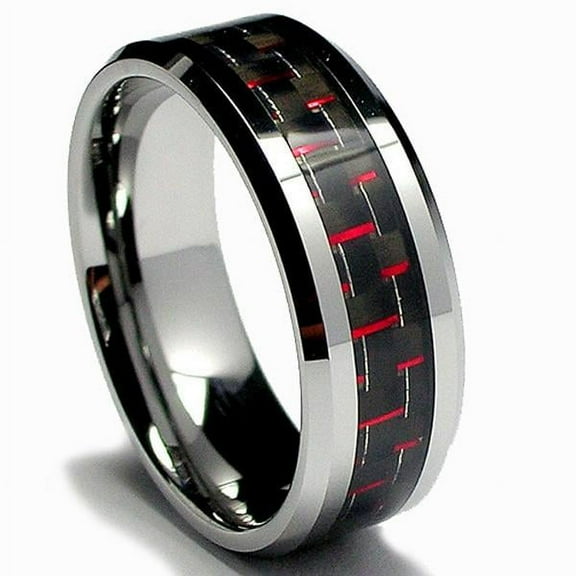 Tungsten Wedding Band Ring 8mm Men's Engagement Silver with Red and Black Carbon Fiber Inlay
