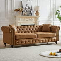 JERFIT 3-Seater Chesterfield Sofa with Rolled Arms and Button Tufting, Upholstered in Soft Brown Tech Fabric for Living Room, Apartment