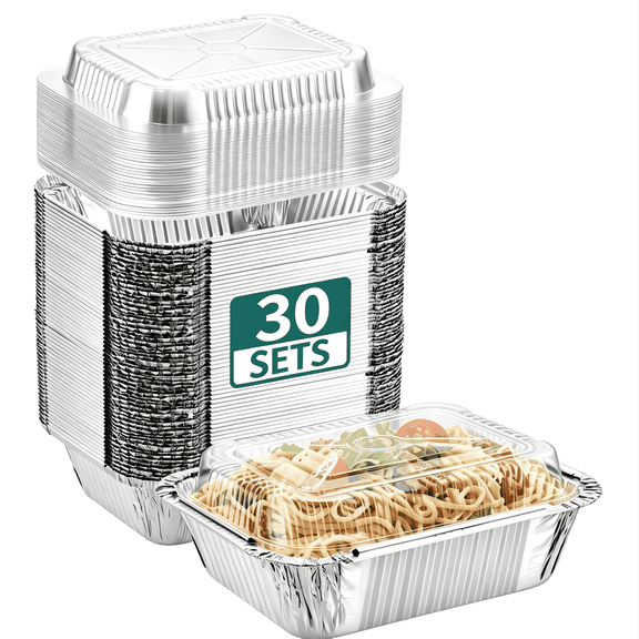 Small Aluminum Pans with Clear Lids (30-Pack, 8.6"×6.3") – 2.25LB Tin Foil Pans with Lids, Disposable Aluminum Food Containers with Lids for Take-out, Meal Prep, Food Storage & To-Go
