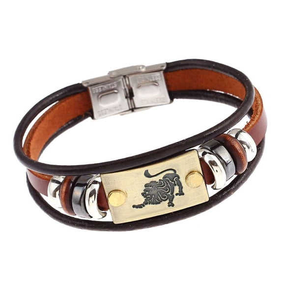 Uijokdef Zodiac Leather Bracelet, Brown Cowhide with Metal Beads, 8 Inches, Unisex