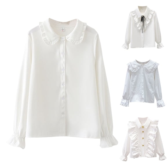 Asxite Girls Solid Tops Cotton Ruffle Collared Bow White Shirts Long Sleeve Fall Winter School Uniform