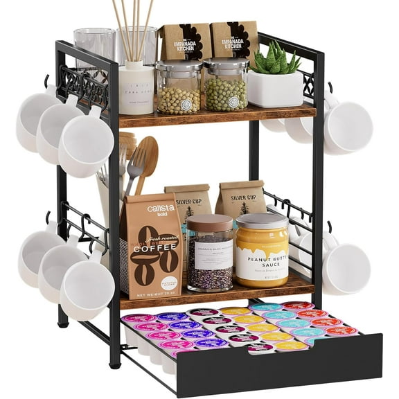 Coffee Bar Organizer Countertop, 2 Tier Mug Cup Holder Stand with 12 Hooks, 30 K Cup Coffee Pod Drawer with Mug Rack, Multifunctional Shelf Organizer for Accessories Station Kitchen (Brown)