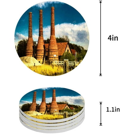 

KXMDXA Farm House and Chimney Set of 6 Round Coaster for Drinks Absorbent Ceramic Stone Coasters Cup Mat with Cork Base for Home Kitchen Room Coffee Table Bar Decor