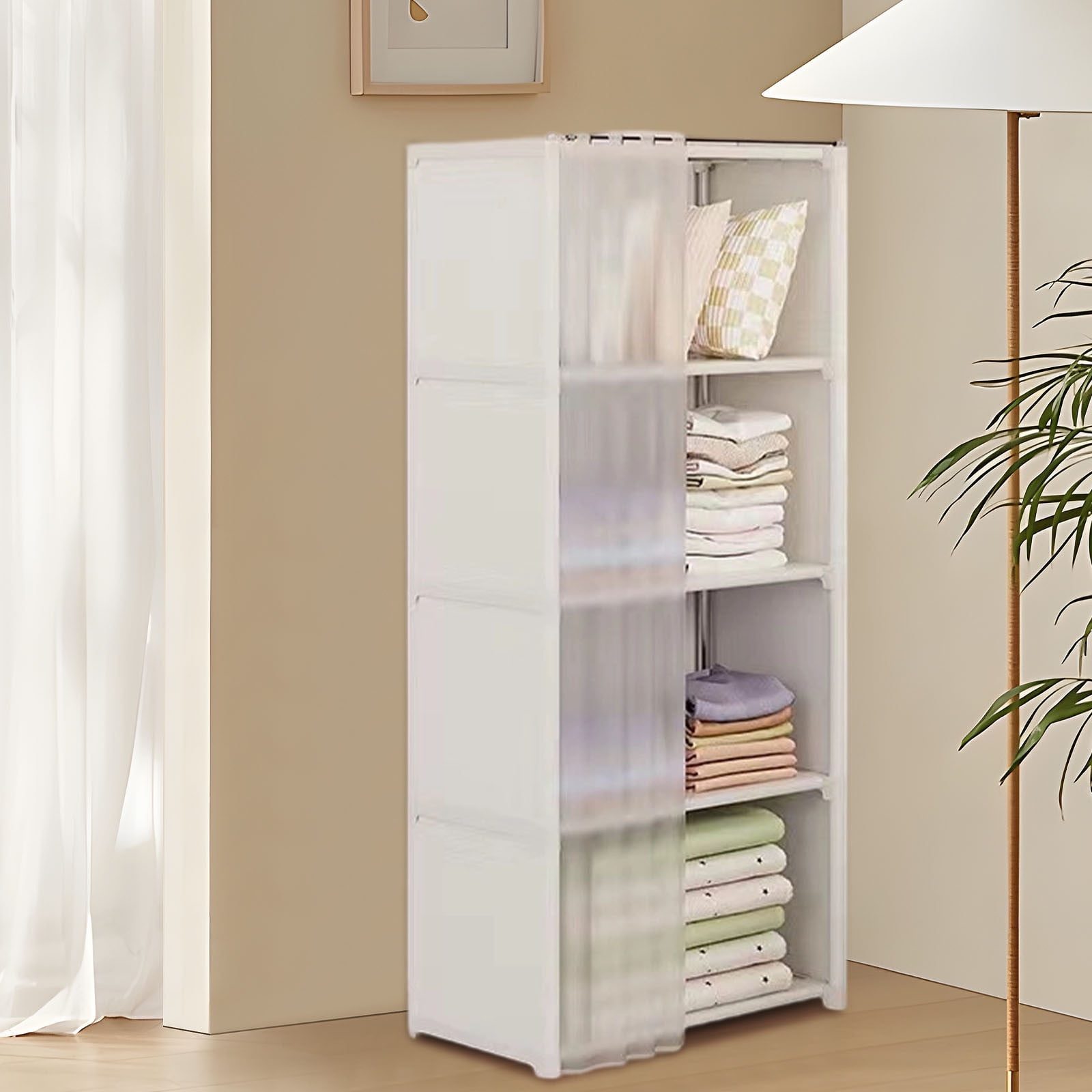 4-Tier Wardrobe Closet with Zippered Dust-Proof Curtain, Fabric Storage Organizer for Bedroom, Heavy Duty Closet Organizer with Shelves, Easy Assembly Standing Wardrobe Cabinet for Clothes