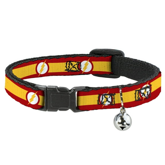 DC Comics Breakaway Cat Collar With Bell, Plastic Clip, Easy Adjustable, The Flash Logo7 Stripe Red White Yellow, 8.5 to 12 Inches 0.5 Inch Wide