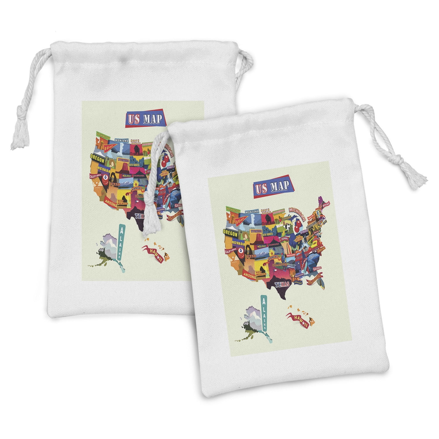 Wanderlust Fabric Pouch Set of 2, US Map Seashore and Sunflowers