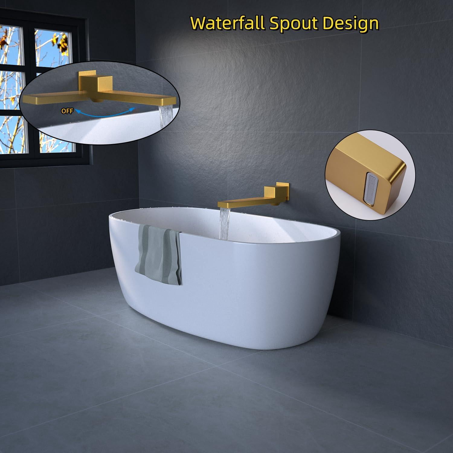 Brushed Gold Waterfall Tub Faucet Spout, Wall Mount 180-Degree Swivel for Bathtub