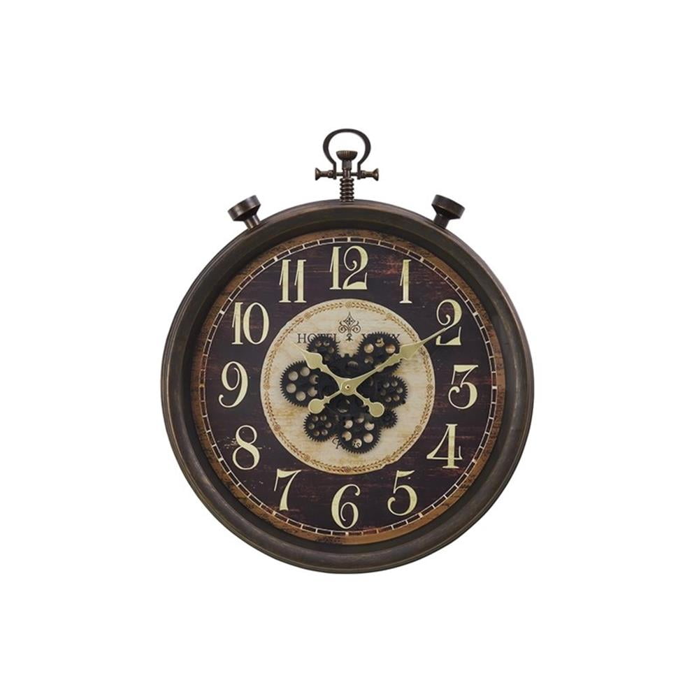 Pemberly Row 24 Round Pocket Watch Wall Clock with Moving Gears in Brown